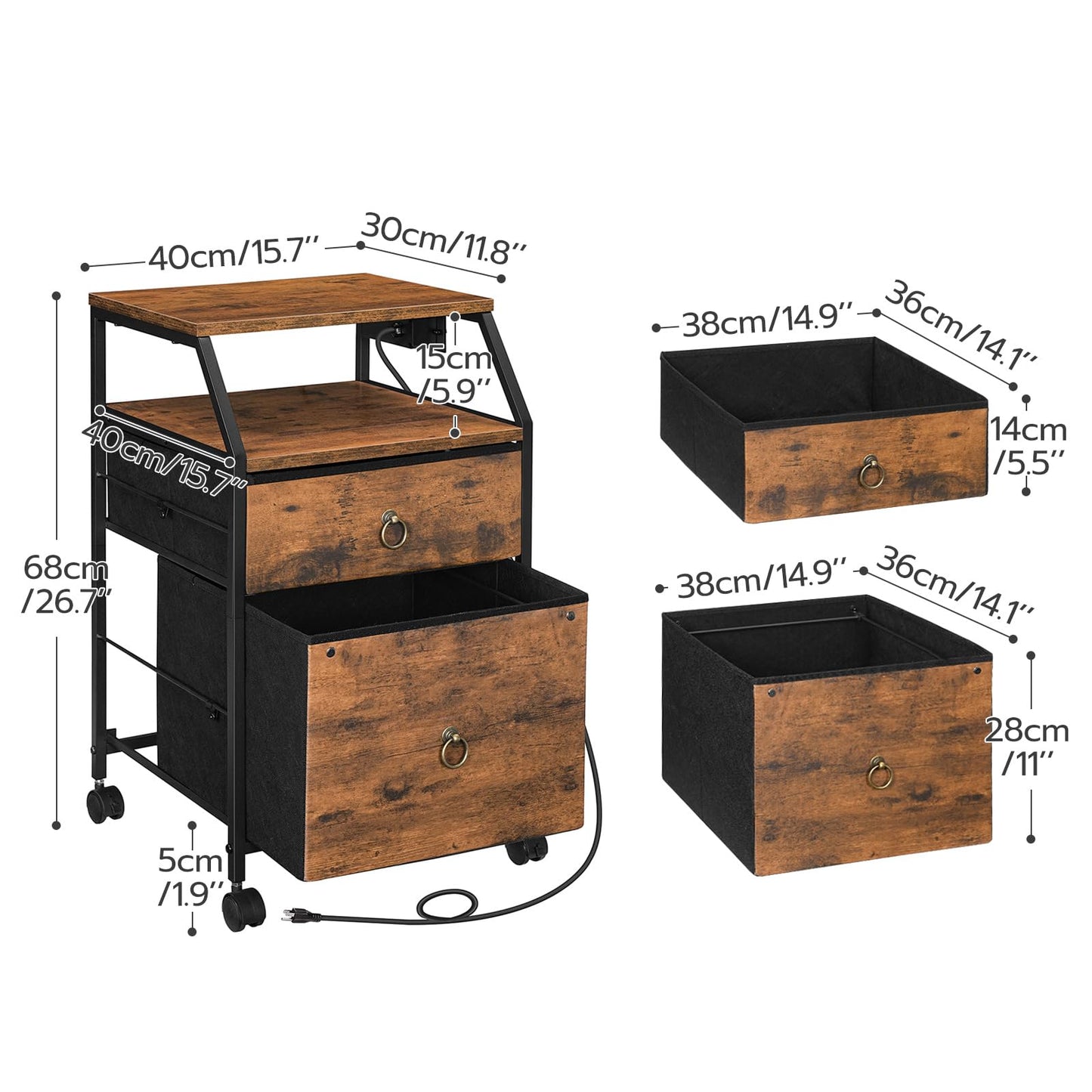 HOOBRO 2-Drawer Mobile File Cabinet, Filing Cabinet with Charging Station, Printer Stand with Open Storage Shelf, for A4/Letter Size, Home Office, Nonwovens Drawer, Rustic Brown and Black BF1 - WoodArtSupply