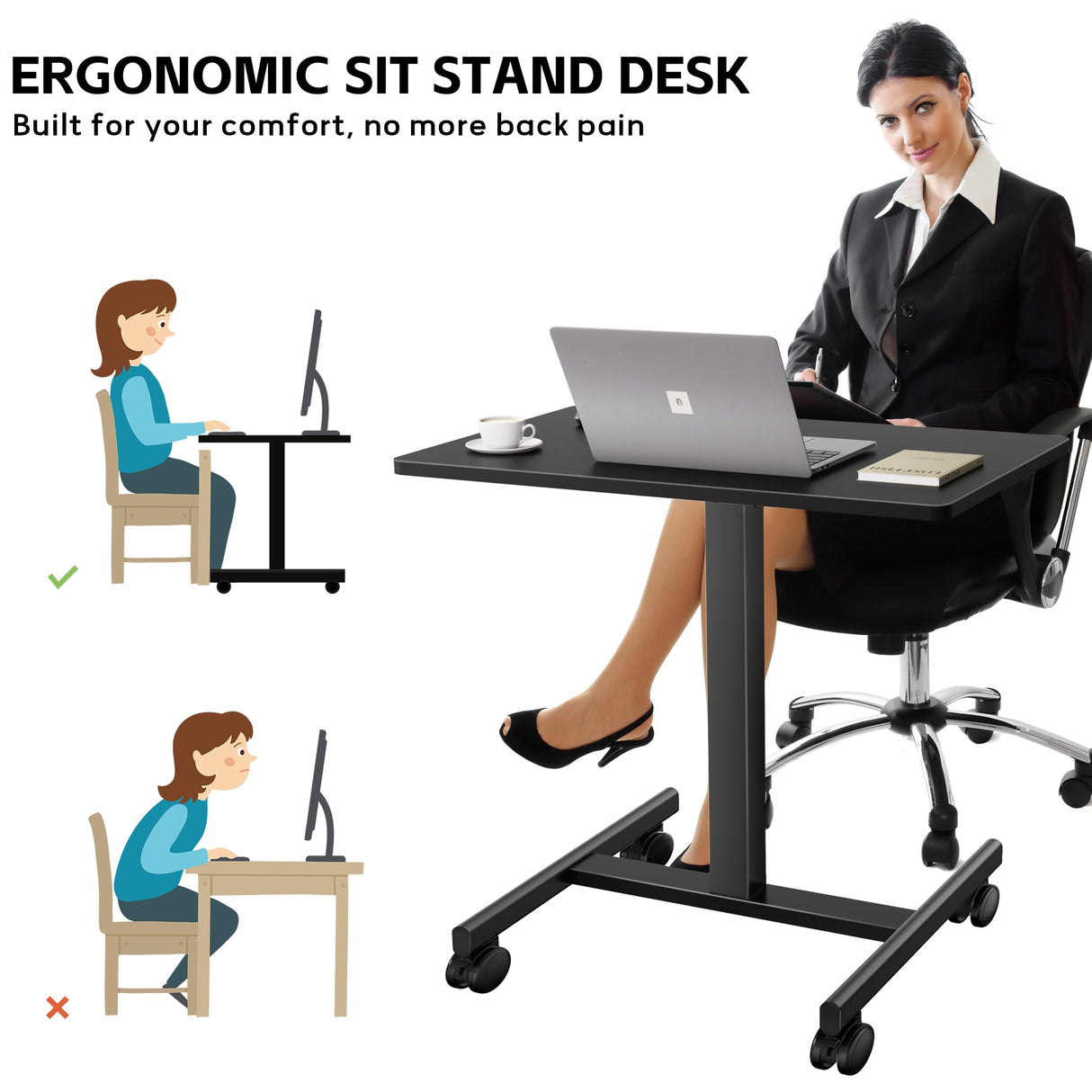 GallopFun Mobile Laptop Standing Desk Adjustable Height, Small Mobile Desk Workstation with Wheels, Portable Rolling Computer Desk Cart for Home Office Classroom (Black) GallopFun