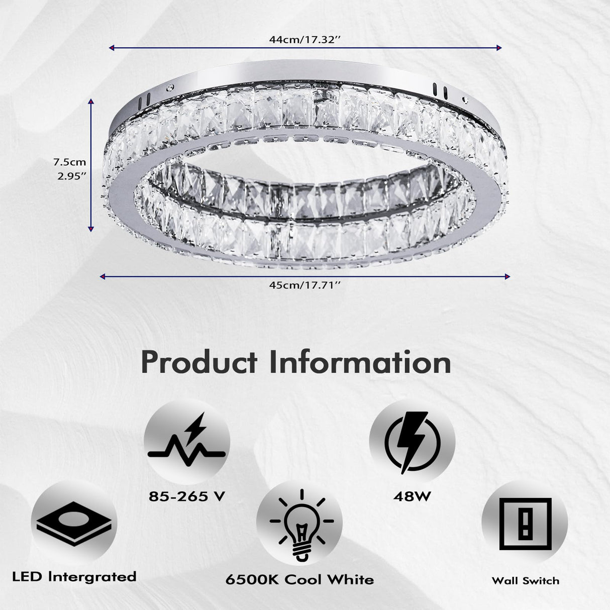 Fintonglan 17.7" Crystal Flush Mount Ceiling Light Fixtures Modern Round LED Chandelier Light Fixture Ceiling Lamp for Living Room Dining Room Kitchen 48W 6000K Finktonglan