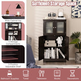 Tangkula Brown Freestanding Bathroom Floor Cabinet with Glass Doors and Adjustable Shelf Tangkula