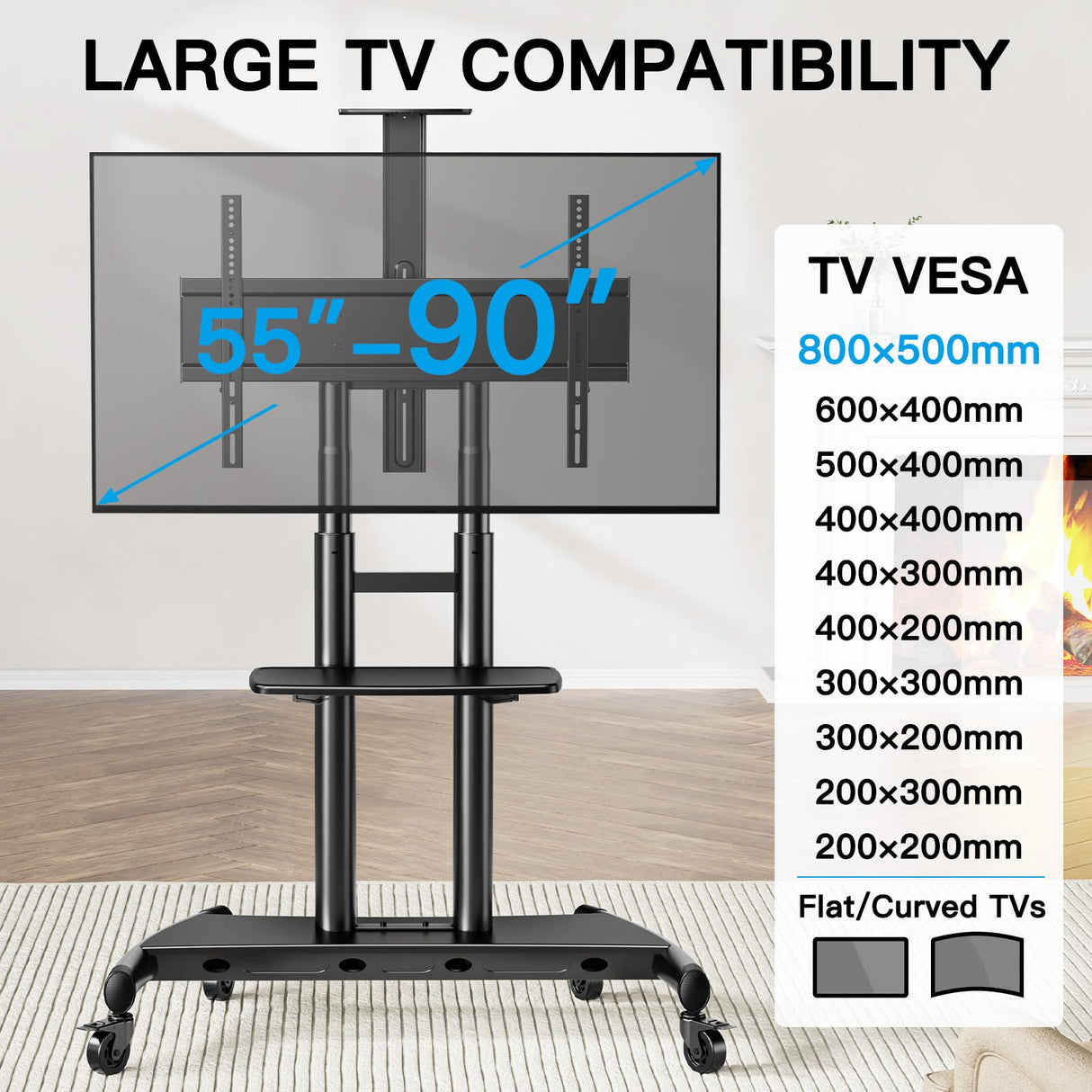 PERLESMITH Mobile TV Stand for 55-90 Inch Flat/Curved Screen TV Max VESA 800x500mm Outdoor TV Cart with Height Adjustable AV Shelf- UL Certificated Rolling Floor TV Stand Holds up to 200Lbs (PSTVMC07) PERLESMITH