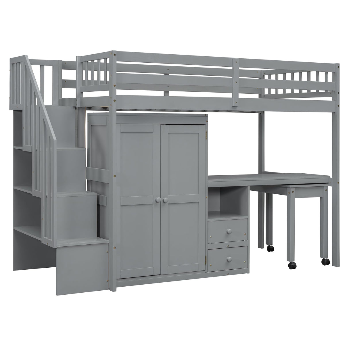 Harper & Bright Designs Twin Size Loft Bed with Stairs and Bookshelf, Wood Twin Storage Bed with Desk & Wardrobe, Space-Saving Multifunctional Furniture for Kids & Teens - Gray Harper & Bright Designs