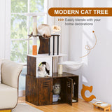 Snughome Cat Tree with Litter Box Enclosure Furniture, 2-in-1 Modern Cat Tower, 58.66’’ Wood Cat Condo with Scratching Post and Hammock, Pet Furniture with Large Platform, Rustic Brown Snughome