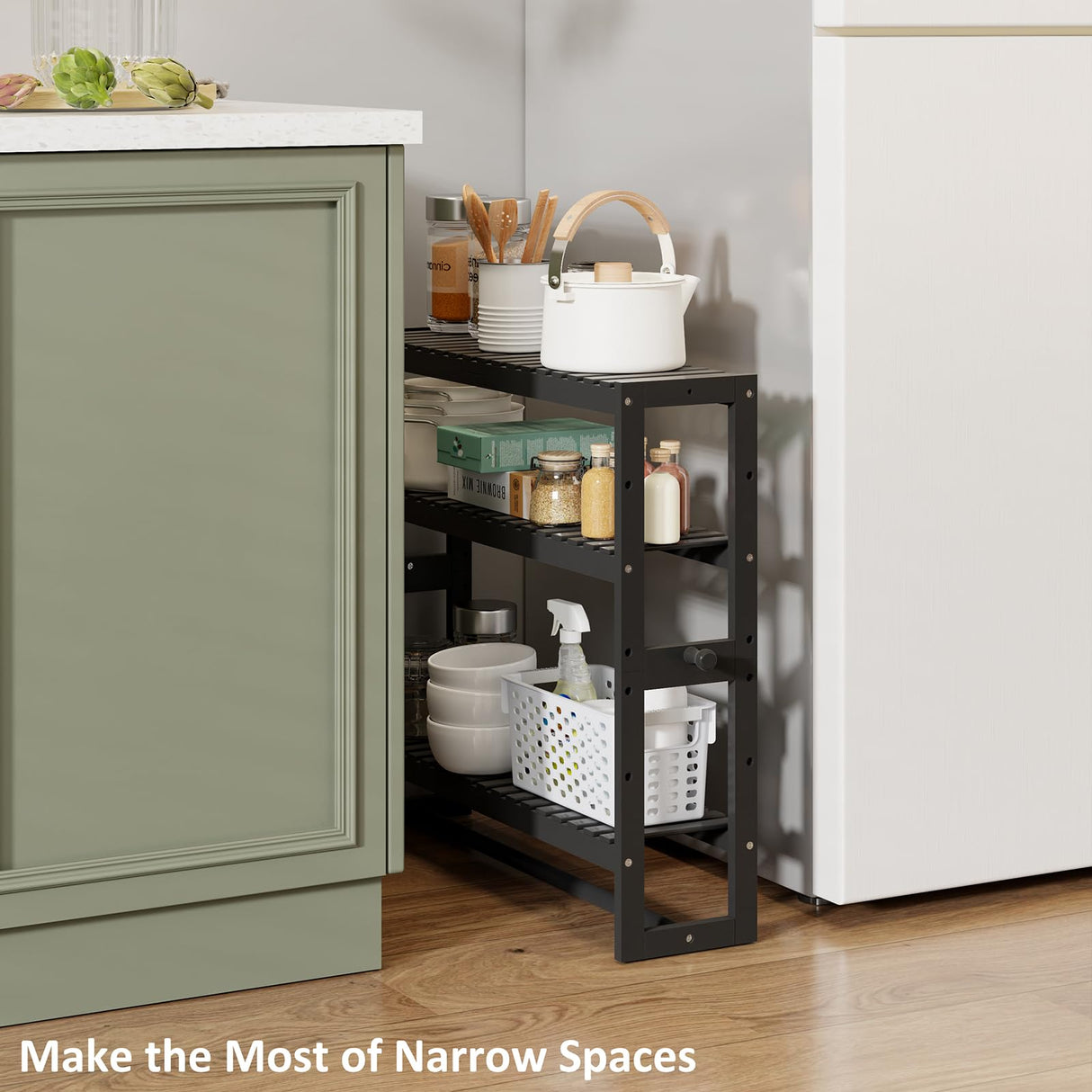 RRX Bathroom Shelf Storage Organizer, Bathroom Shelf 3-Tier Adjustable Layer Bamboo Organizer with Bar, Hanging, Freestanding Over Toilet Utility Shelves, Black RRX