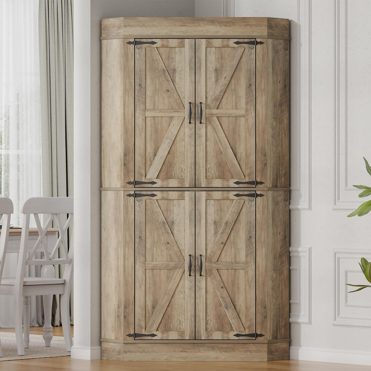 Gyfimoie Corner Cabinet,Kitchen Pantry Storage Cabinet,Freestanding Buffet Cabinet with 4 Doors and Shelves,Tall Food Pantry Cabinet Farmhouse Furniture with Side Rack for Kitchen Dining Room(Retro) Gyfimoie