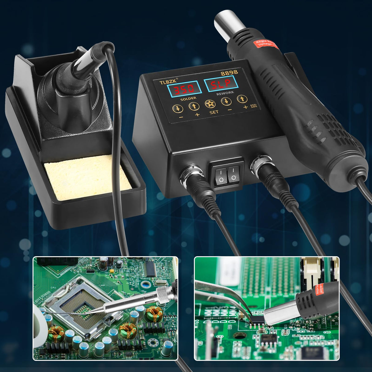 TLBZK Rework Soldering Station, 2 in 1 SMD Hot Air Solder Station and Soldering Iron Kit Heat Gun with Soldering Tips, Hot Air Nozzles, Tweezers TLBZK