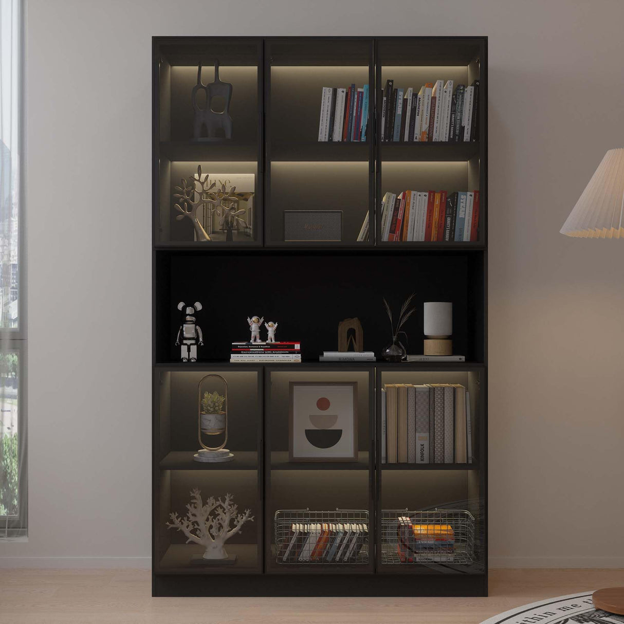 Jiaoun Display Cabinet with Glass Doors, LED Light and Storage Shelve, Curio Cabinets Modern Style Bookcase Trophy Case Display Cabinet for Collectibles - Black (47.2 "W x 16.5 "D x 78.7 "H) Jiaoun