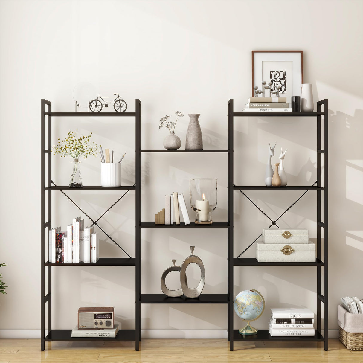 Panana Industrial 4-Tier Bookshelf with 11 Open Shelves and Metal Frame - Black Panana