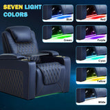 Weilianda Chic Top Grain Leather Home Theater Seating Power Headrest Recling Movie Gaming Recliner Sofa with 7 Colors Ambient Lighting, Golden Cup Holder Carbon Fiber Tray Table Loveseat Blue Weilianda