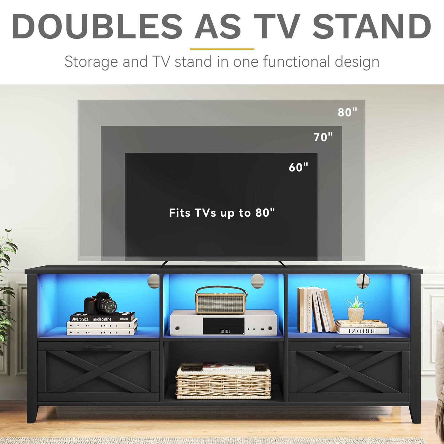 DWVO Farmhouse TV Stand Black 70", LED Light Media Console for TVs up to 80", Entertainment Center with Storage Cabinets & Adjustable Partition for Living Room