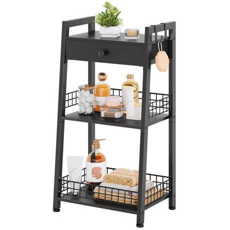 Gewudraw 3-Tier Bathroom Ladder Shelf with Drawer, Freestanding Tower Shelf Ladder Bookshelf for Living Room, Bedroom -Black Gewudraw