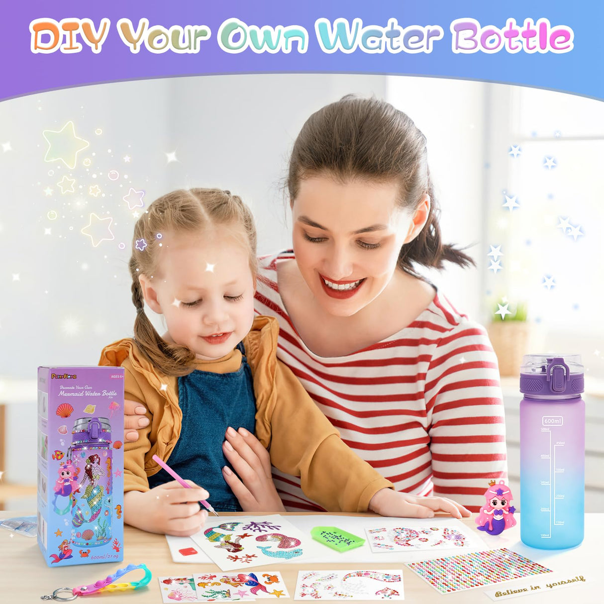 PERRYHOME Decorate Your Own Mermaid Water Bottle Kits for Girls, Mermaid Toys for Girls Age 4-10 Painting Crafts Kit, Fun Arts Kits 6-12 Year Old Toddler Girls Birthday Christmas Gifts Toys PERRYHOME