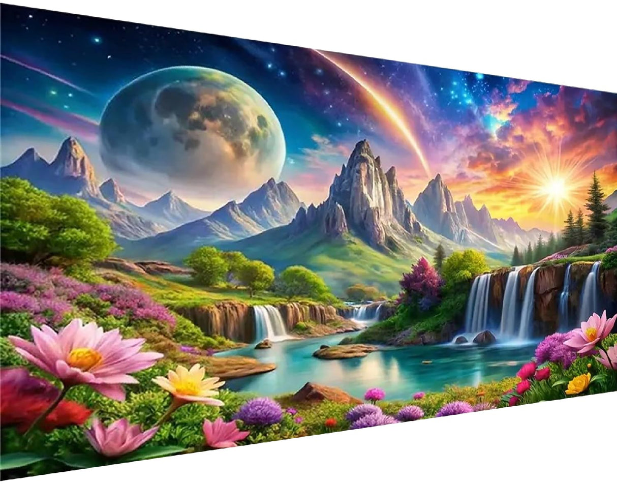 large diamond art kits for adults,Landscape Spring Diamond Painting for Adults Beginner,DIY Moon Sun Mountain Waterfall Painting with Full Drill Diamond Art and Crafts Home Wall Decor 27.5 X 15.7inch pchmcu