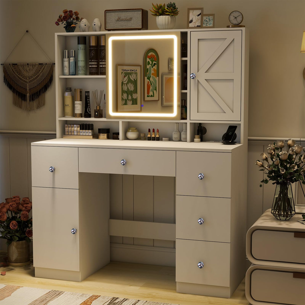 vomavex 45" Makeup Vanity Desk with Sliding Lighted Mirror & Power Outlet, Big Vanity with 5 Drawers, Storage Shelves, 3 Cubbies, 2 Cabinets for Women, Dressing Table for Bedroom, Bathroom, White vomavex