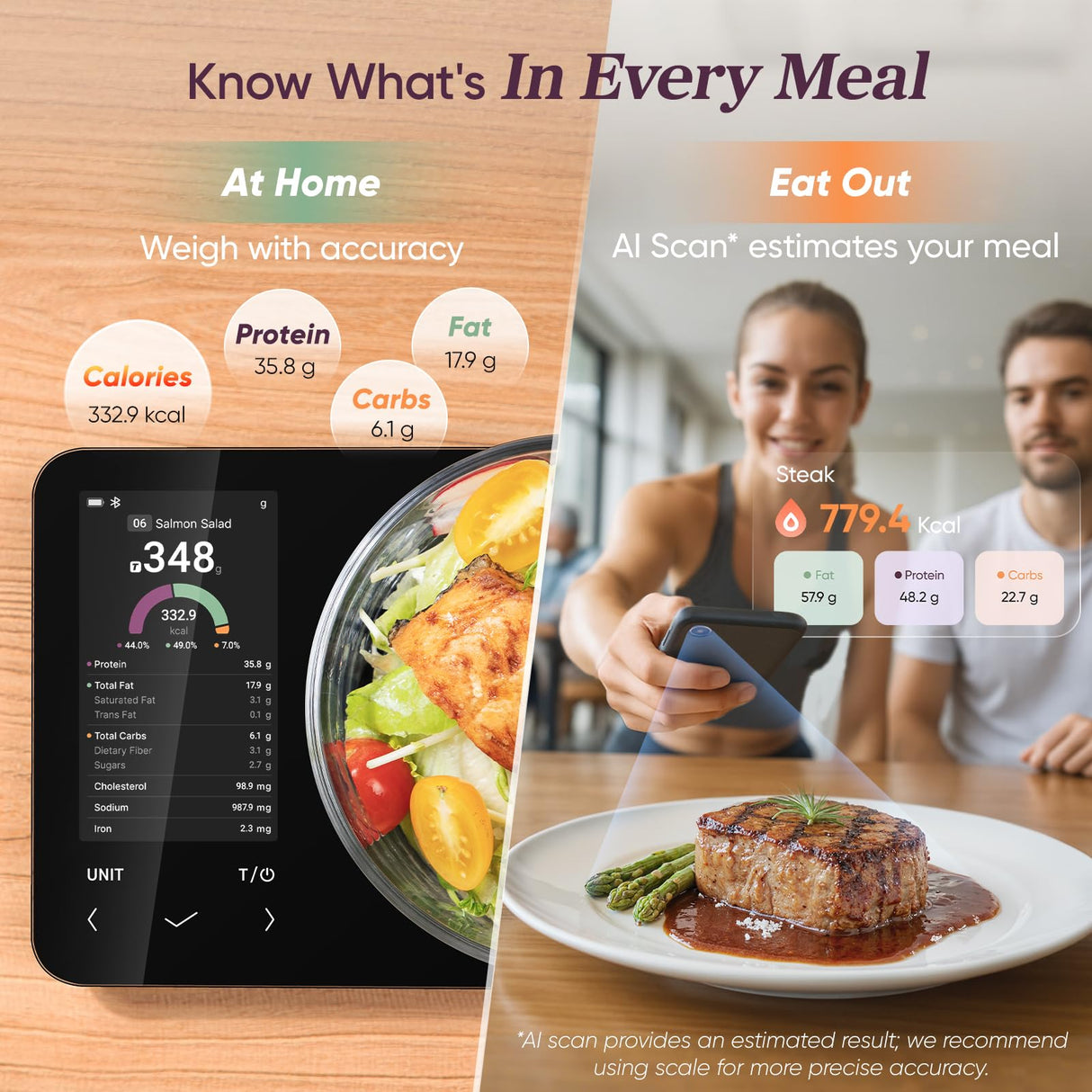 Cosori Smart Food Kitchen Scale with Nutritional Calculator, Free App for AI Scan, Calorie & Macro Tracking, Food Preload, On-Screen Nutrient Info, Personal Goals, Rechargeable, 11 lb / 5 kg COSORI