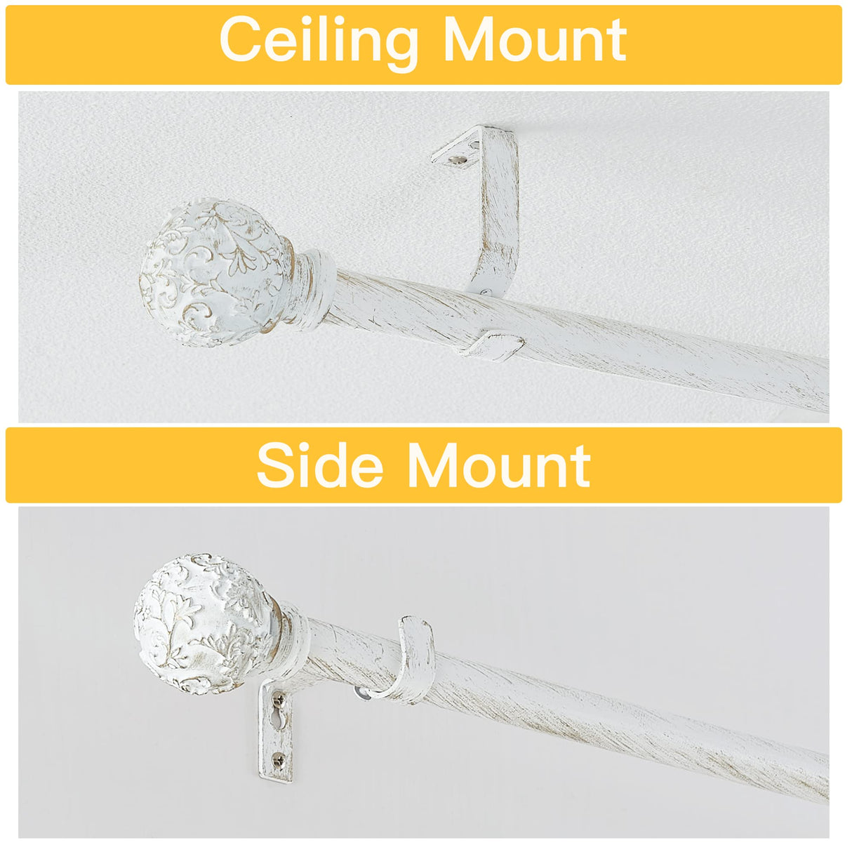 RYB HOME White Curtain Rod 48 to 86 Inch, 1 Inch Diameter Adjustable Telescoping Single Drapery Rod with Leaf Pattern Ball Finials Rustic Decor for Farmhouse Dining Room Decor Kids Bedroom RYB HOME