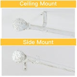 RYB HOME White Curtain Rod 48 to 86 Inch, 1 Inch Diameter Adjustable Telescoping Single Drapery Rod with Leaf Pattern Ball Finials Rustic Decor for Farmhouse Dining Room Decor Kids Bedroom RYB HOME