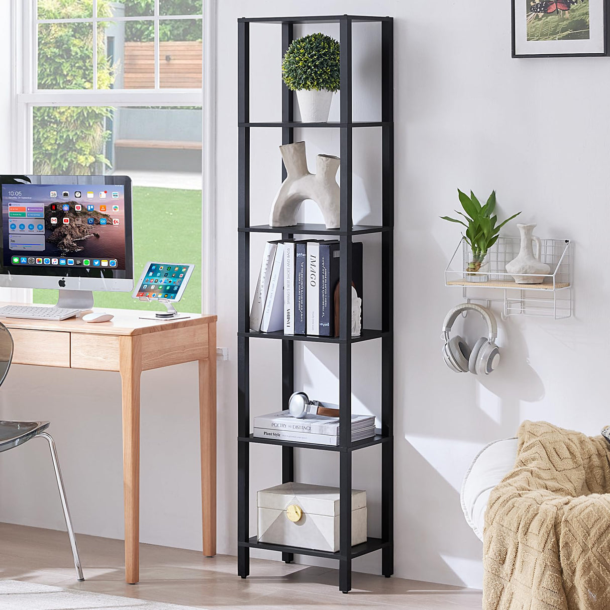 YUFAM 66in Tall Bookshelf 6-Tier Small Narrow Bookcase, Skinny Book Shelf for Small Space, Farmhouse Slim Shelf with Storage, Wood Freestanding Display Thin Bookshelves for Living Room, Office, Black YUFAM