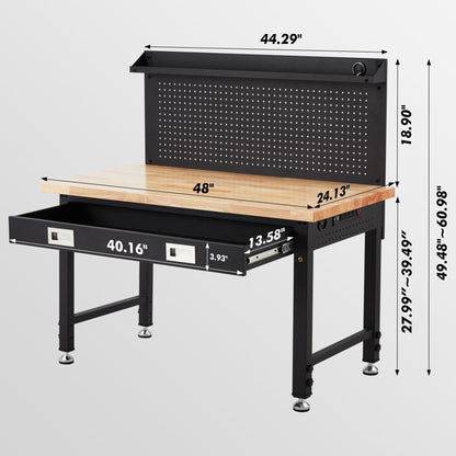 48 Inch Workbench with Storage, Metal Framed Hardwood Table Top Workbench for Garage with Drawers，2000 LBS Weight Capacity 49.5”-61" Adjustable Workbench with Pegboard Work Light 10ft Cable 2 - WoodArtSupply