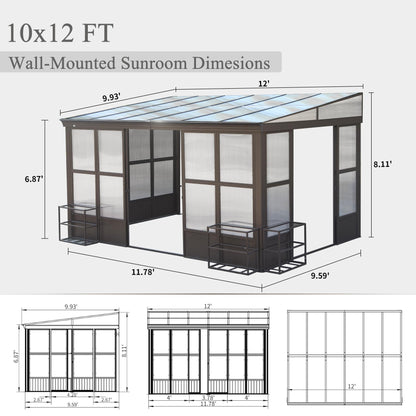 Domi 10x12FT Wall Mounted Sunroom Gazebo, Aluminum Enclosed Gazebo with 2 Lockable Sliding Doors,Sloping Polycarbonate Roof&Moveable PVC Screen, Outdoor Sun Room Lean to Gazebo for Deck Patio