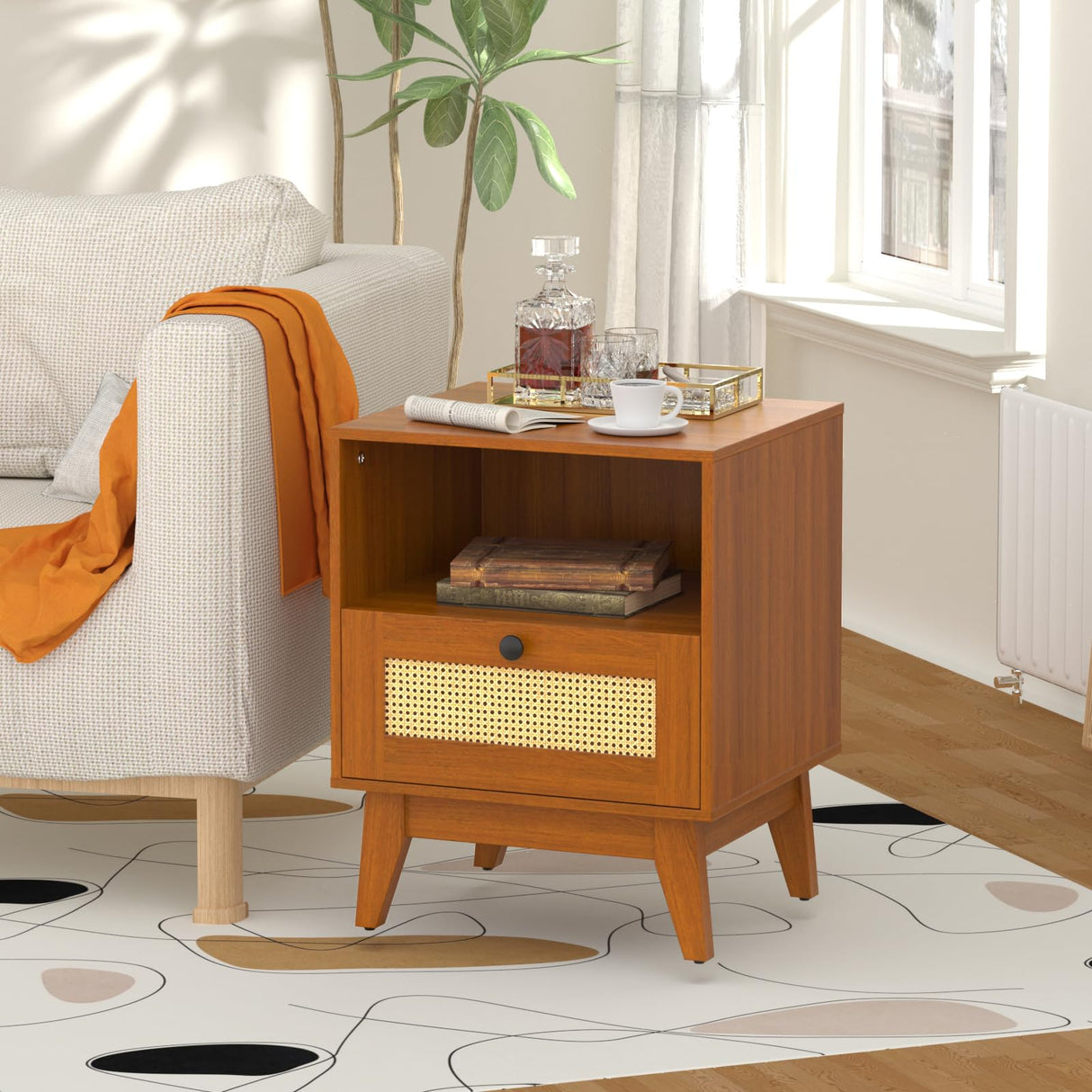 Ryvorbe Modern Rattan Nightstand Wood Side Table with Natural Rattan Drawer- Boho Nightstand with Solid Wood Legs for Bedroom, Living Room and Small Spaces Ryvorbe
