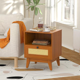 Ryvorbe Modern Rattan Nightstand Wood Side Table with Natural Rattan Drawer- Boho Nightstand with Solid Wood Legs for Bedroom, Living Room and Small Spaces Ryvorbe