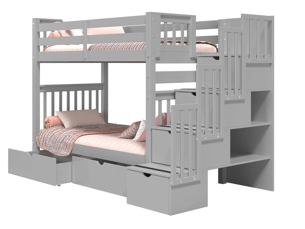 Bedz King Tall Stairway Bunk Beds Twin over Twin with 4 Drawers in the Steps and 2 Under Bed Drawers, Gray Bedz King