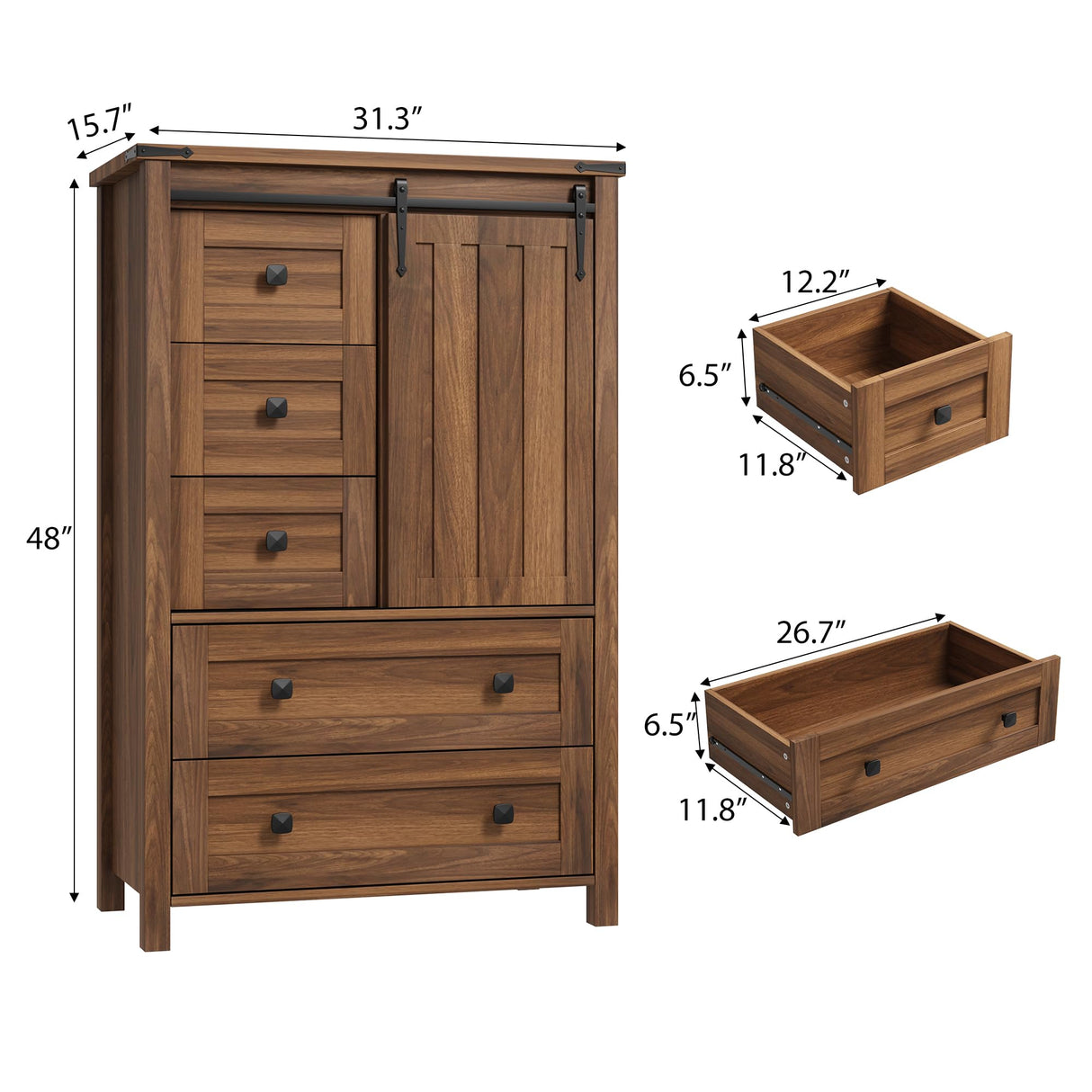 IDEALHOUSE Farmhouse 5 Drawer Dresser for Bedroom, 48" Tall Wood Dresser Chest of Drawer with Sliding Barn Door, Adjustable Shelf, Storage Organizer for Bedroom, Hallway, Living Room, Kitchen, Walnut IDEALHOUSE