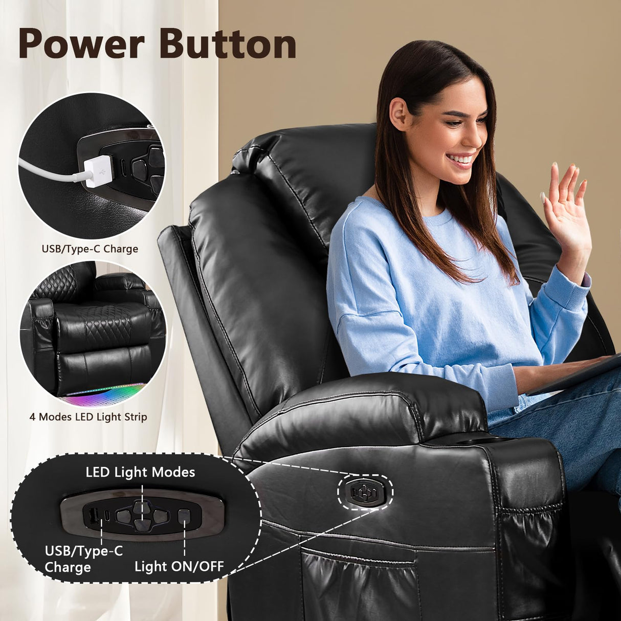 AHMED Power Swivel Rocker Recliner Chair with Massage and Heat, Faux Leather Home Theater Seating with LED Ambient Lighting, Glider Reclining Sofa with Cup Holders for Living Room (Black, Single) AHMED