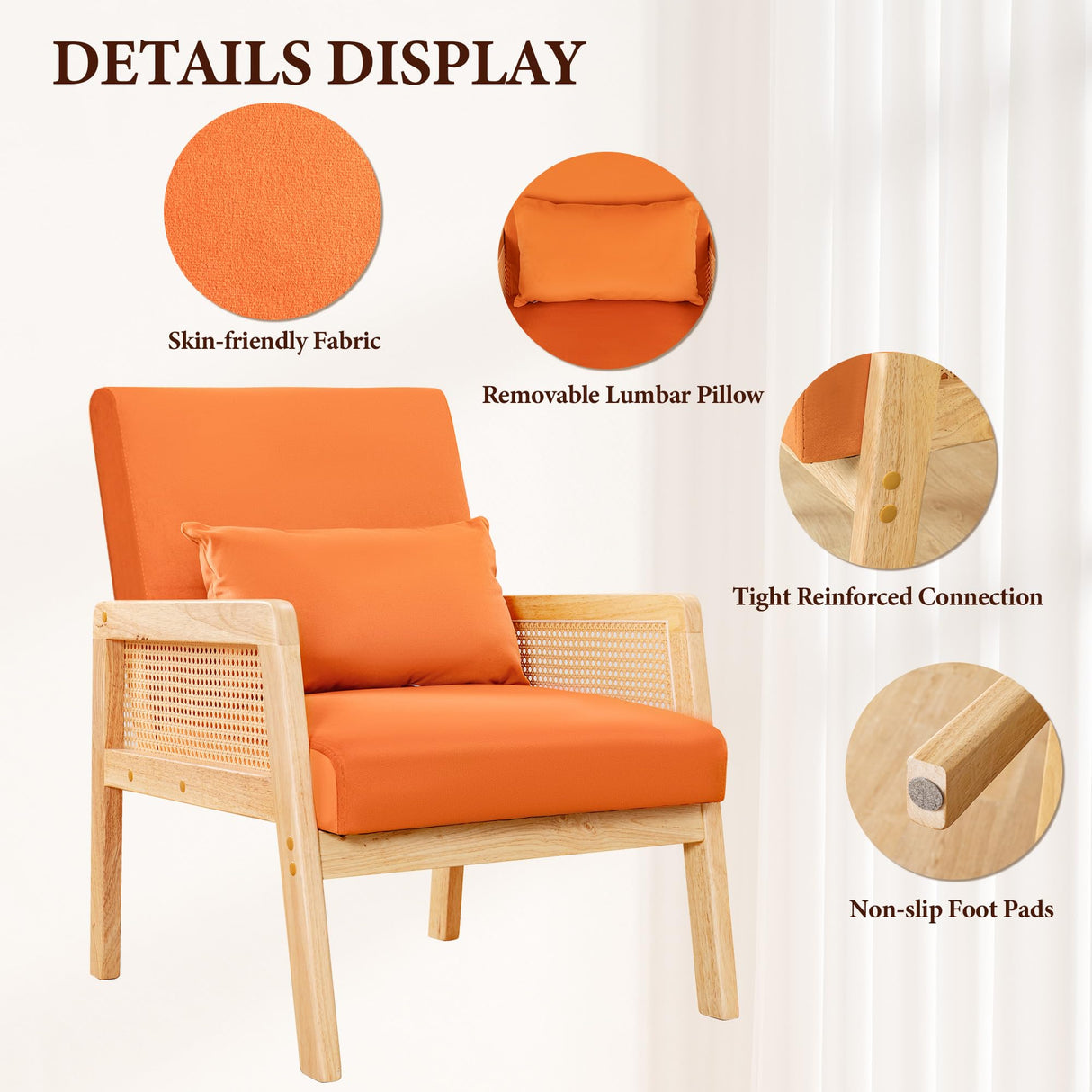 Furmax Accent Chair with Rattan Armrests, Mid Century Modern Lounge Armchair for Living Room, Single Upholstered Leisure Reading Chair with Waist Pillow and Wooden Frame,Set of 1 Furmax