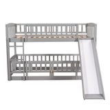 Low Bunk Bed with Slide Twin Over Twin Bunk Beds for Kids Toddlers, Wood Floor Beds Frame with Rails for Boys Girls Teens, Gray Bellemave