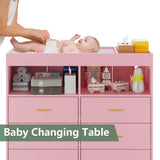 GarveeHome Dresser for Bedroom with 6 Drawers, Baby Changing Table Dresser with Changing Pad, LED Lights & Charging Station, Baby Changing Station with Changing Table Top, Pink GarveeHome