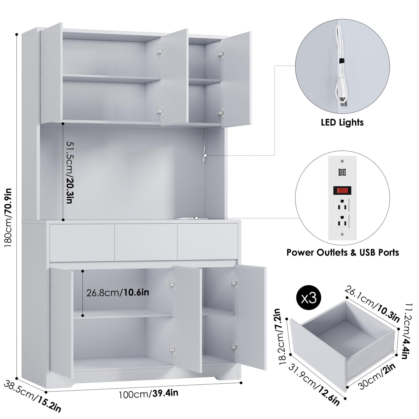 finetones 71'' Tall Kitchen Pantry Storage Cabinet with Power Outlets and Led Lights, Large Kitchen Hutch Buffet Cabinet with Microwave Stand, Pantry Cabinet Kitchen Cabinet with Buffet Cupboard