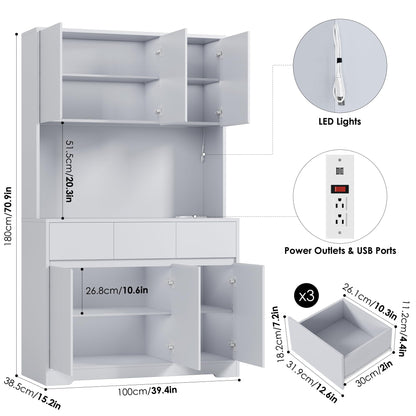 finetones 71'' Tall Kitchen Pantry Storage Cabinet with Power Outlets and Led Lights, Large Kitchen Hutch Buffet Cabinet with Microwave Stand, Pantry Cabinet Kitchen Cabinet with Buffet Cupboard