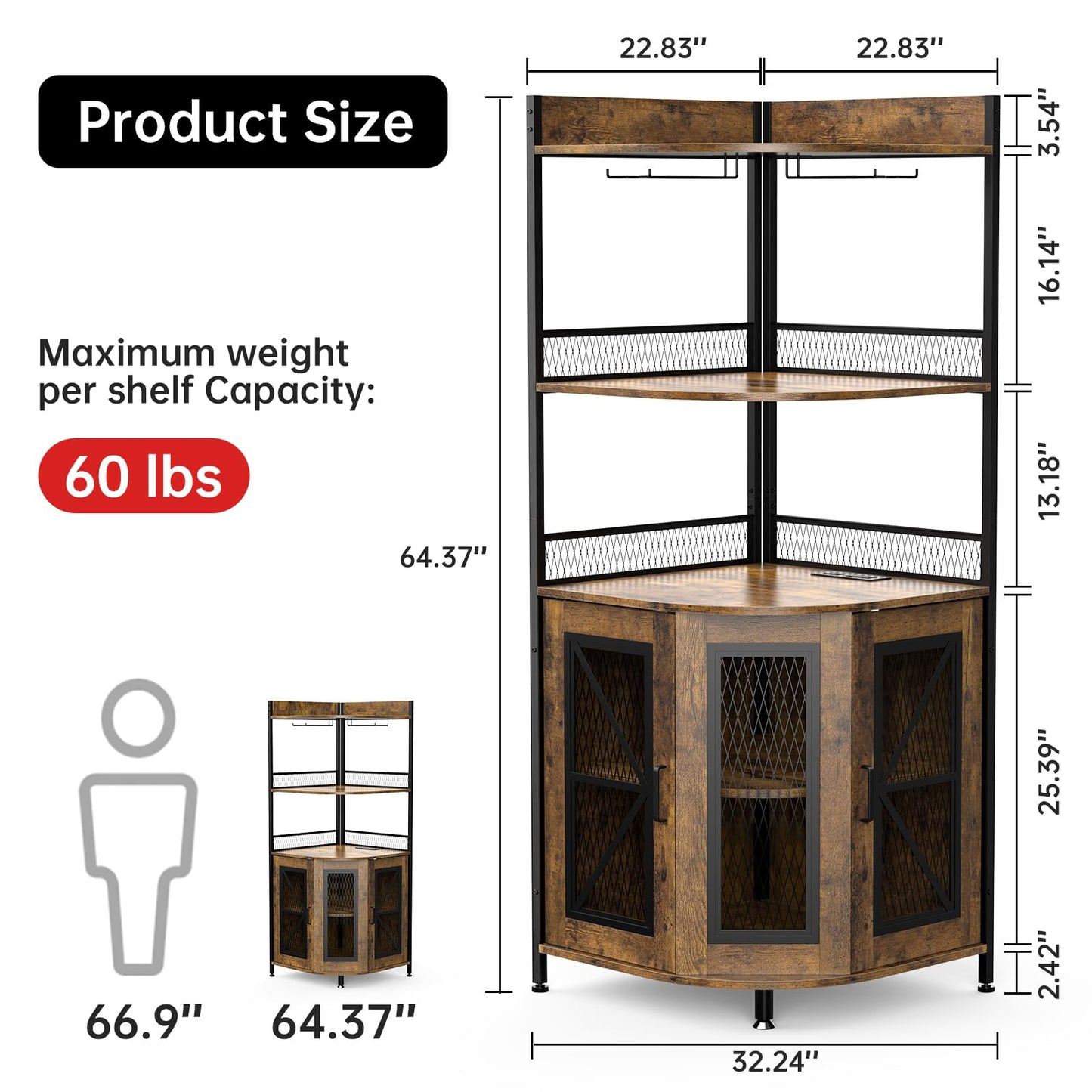 Corner Bar Cabinet with Charge Oult, 5-Tiers Wine Cabinet with LED Light and Glass Holder, Tall Home Liquor Cabinet for Living Room, Corner Display Cabinet for Home