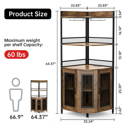 Corner Bar Cabinet with Charge Oult, 5-Tiers Wine Cabinet with LED Light and Glass Holder, Tall Home Liquor Cabinet for Living Room, Corner Display Cabinet for Home