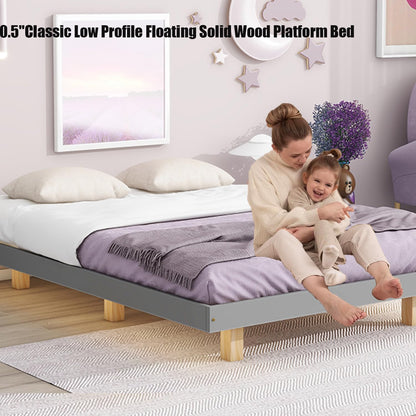 10.5"Classic Low Profile Floating Solid Wood Platform Bed，Floor Bed Frame With Led Ambient Lighting,Japanese Style Design Without Headboard Easy Assembly No Box Springs Required (Grey, Full)