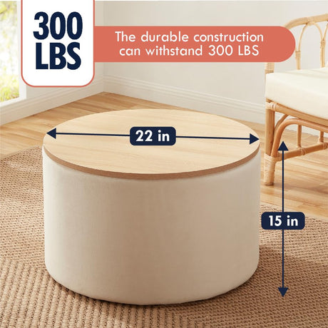 Ornavo Home 22 inch Large Round Ottoman Coffee Table Storage Ottoman with Wooden Lift Off Lid, Ottoman with Storage for Living Room, Bedroom and Office, Velvet Cream Ornavo Home