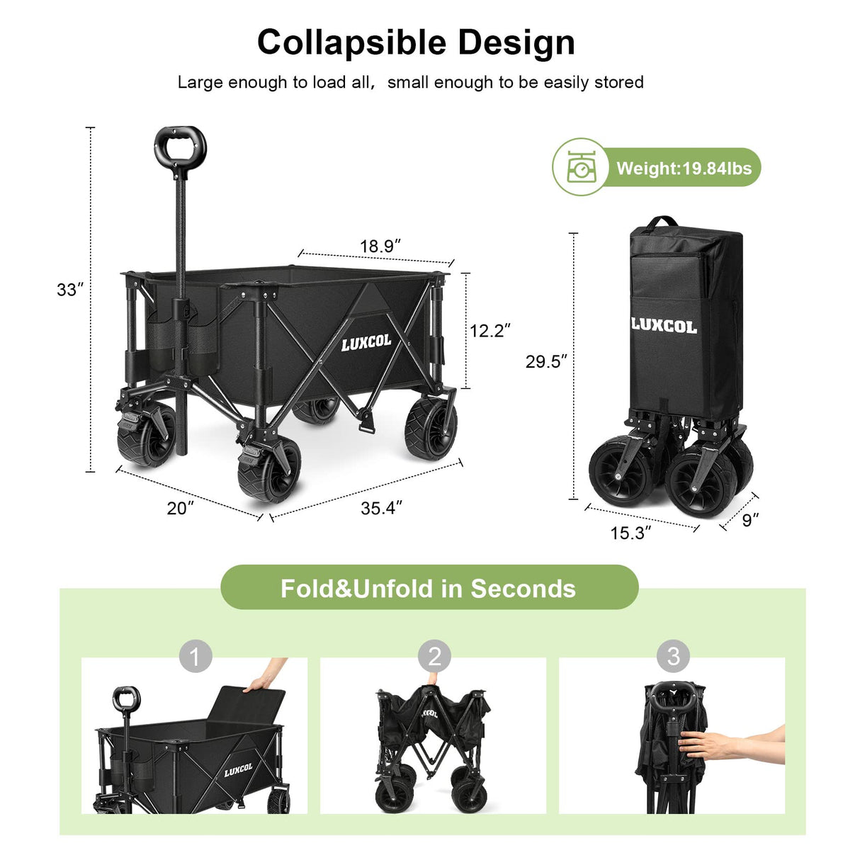 LUXCOL Collapsible Folding Wagon, Heavy Duty Utility Beach Wagon Cart for Sand with Big Wheels, Adjustable Handle&Drink Holders for Shopping, Camping,Garden and Outdoor LUXCOL