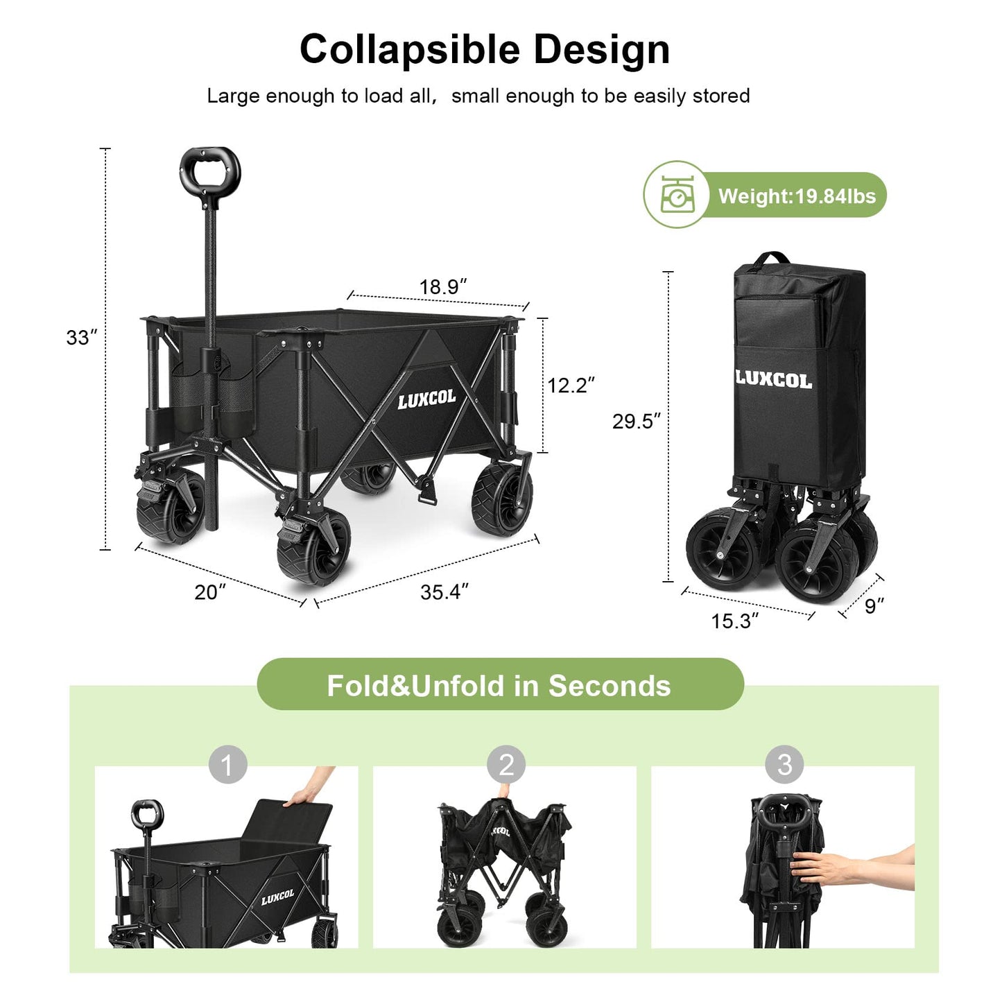 LUXCOL Collapsible Folding Wagon, Heavy Duty Utility Beach Wagon Cart for Sand with Big Wheels, Adjustable Handle&Drink Holders for Shopping, Camping,Garden and Outdoor - WoodArtSupply