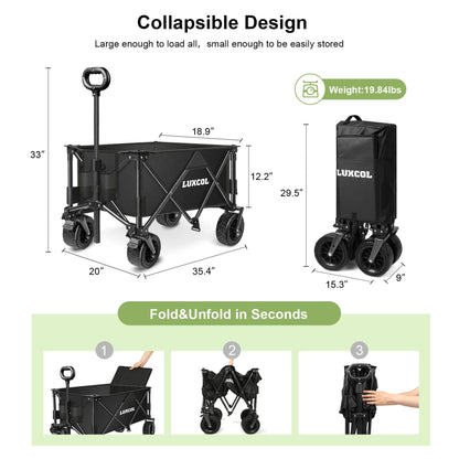 LUXCOL Collapsible Folding Wagon, Heavy Duty Utility Beach Wagon Cart for Sand with Big Wheels, Adjustable Handle&Drink Holders for Shopping, Camping,Garden and Outdoor - WoodArtSupply