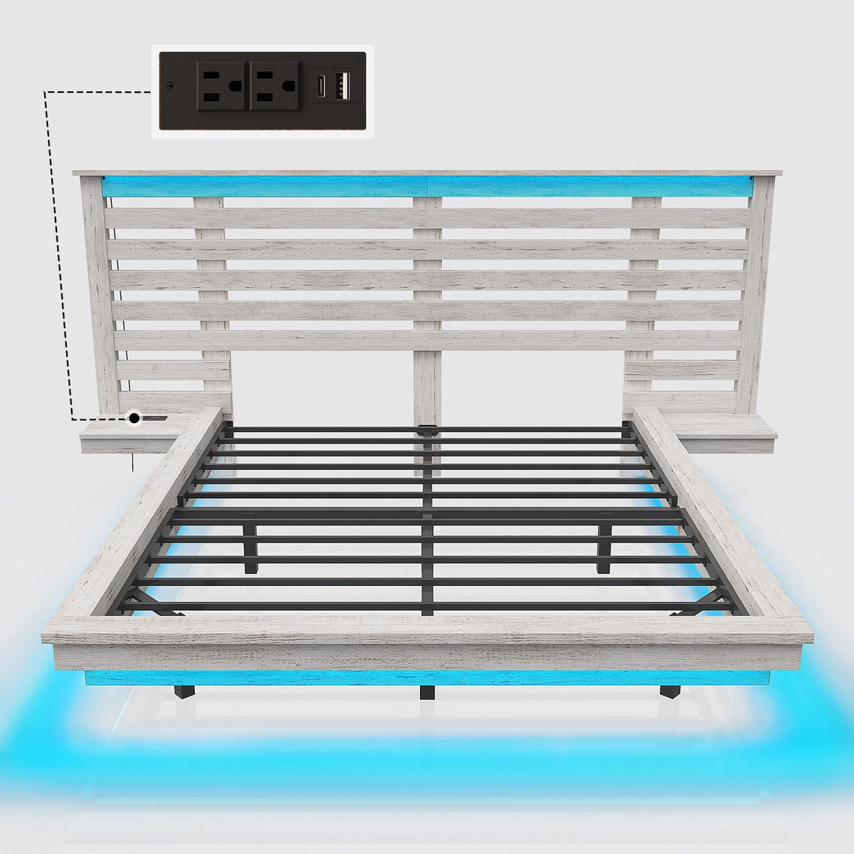 LUXOAK Distressed White Farmhouse Queen Floating Bed Frame with LED Lights & Charging Station LUXOAK