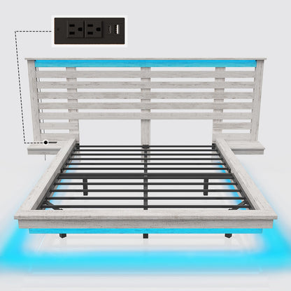 LUXOAK Distressed White Farmhouse Queen Floating Bed Frame with LED Lights & Charging Station - WoodArtSupply