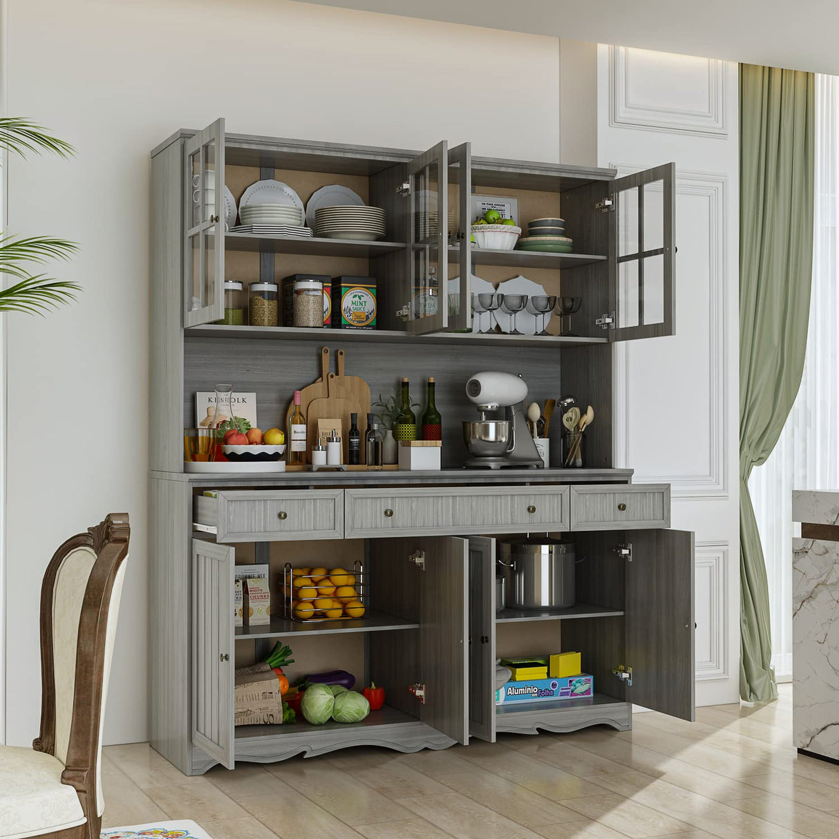 AIEGLE Large Kitchen Hutch Cabinet, Storage Cupboard Pantry with Glass Doors, Drawers & Countertop, Floor Kitchen Pantry Storage Cabinet Utility Buffet, Wooden Grey (61.2" L x 18.1" W x 75.9" H) AIEGLE