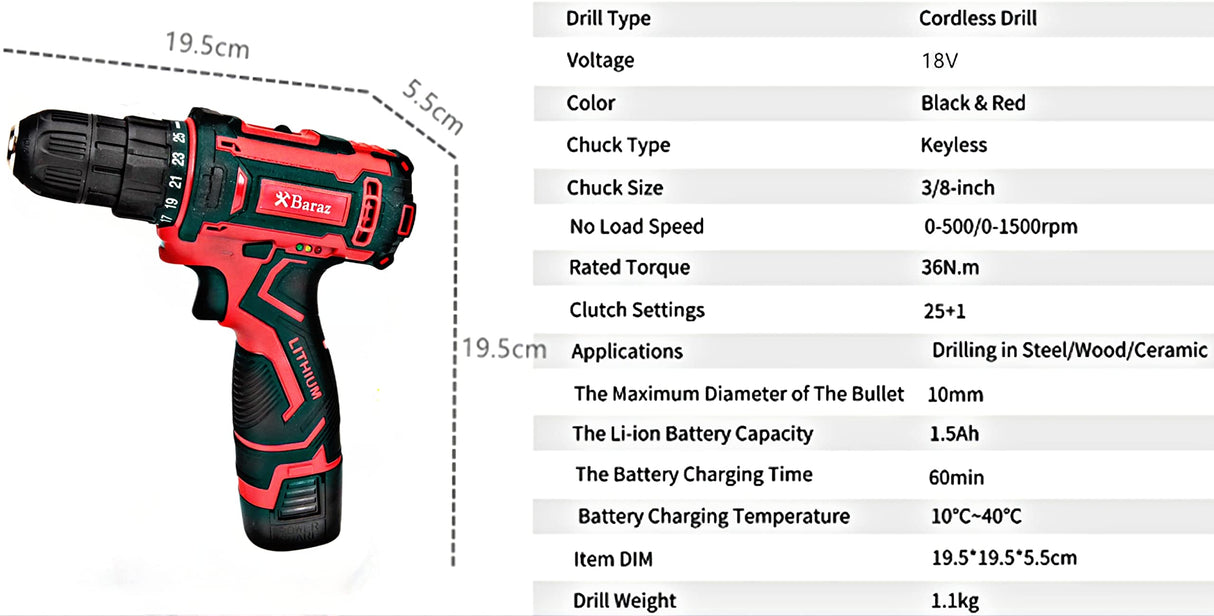 Tool set with 18v cordless drill (2 battery), 126 pieces professional home tool combo Kit. Cordless power Drill and Toolbox set for Household, Homeowners, office, garden, house repair and maintenance. Baraz