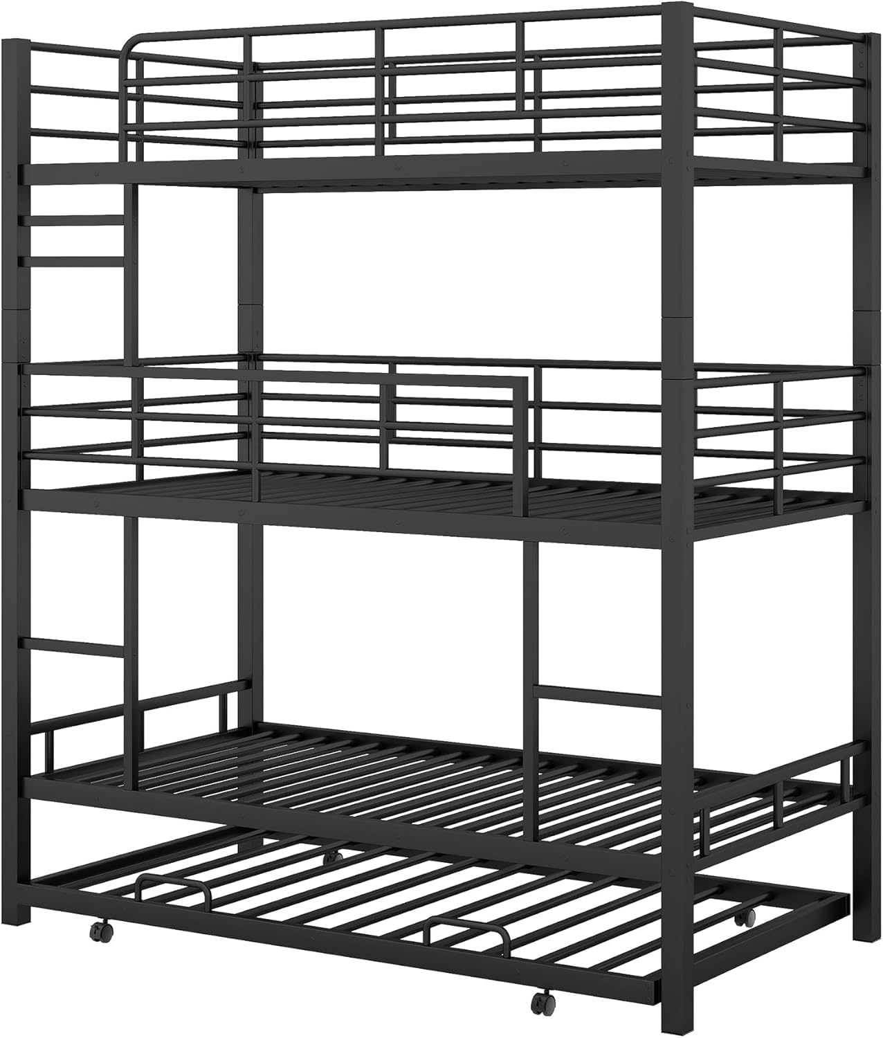 Virubi Twin Over Twin Triple Bunk Bed with Trundle,Detachable Metal Bunk Bed Twin Over Twin 3 Bed Bunk Beds for Kids Twin Bunk Bed with with 2 Ladders and Guardrails (Black)