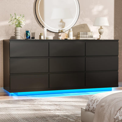 9 Drawer Dresser with Power Outlet,63'' Wide Floating Modern Dresser Chest of Drawers with LED Light,Wooden Dressers TV Stand,Double Wide Dressers Organizer for Bedroom,Living Room,Entryway (Black)