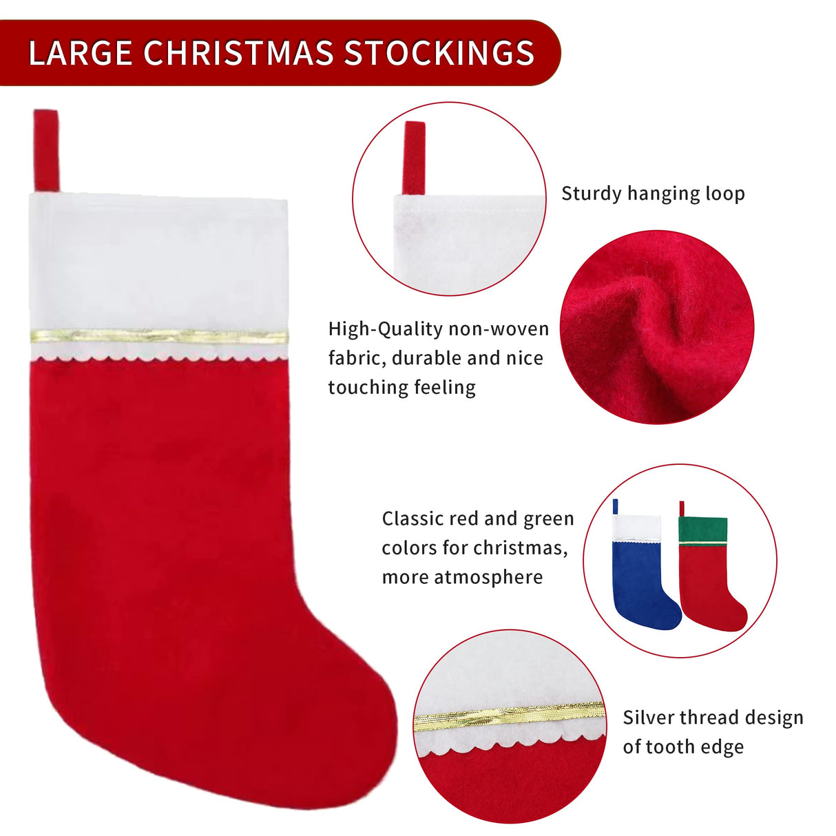 Tokforty 12 Pack Felt Christmas Stockings, 19 Inches Red and White Christmas Stockings Hanging Ornaments, White Cuff with Gold Trim Christmas Stockings for Family Christmas Holiday Decorations Tokforty