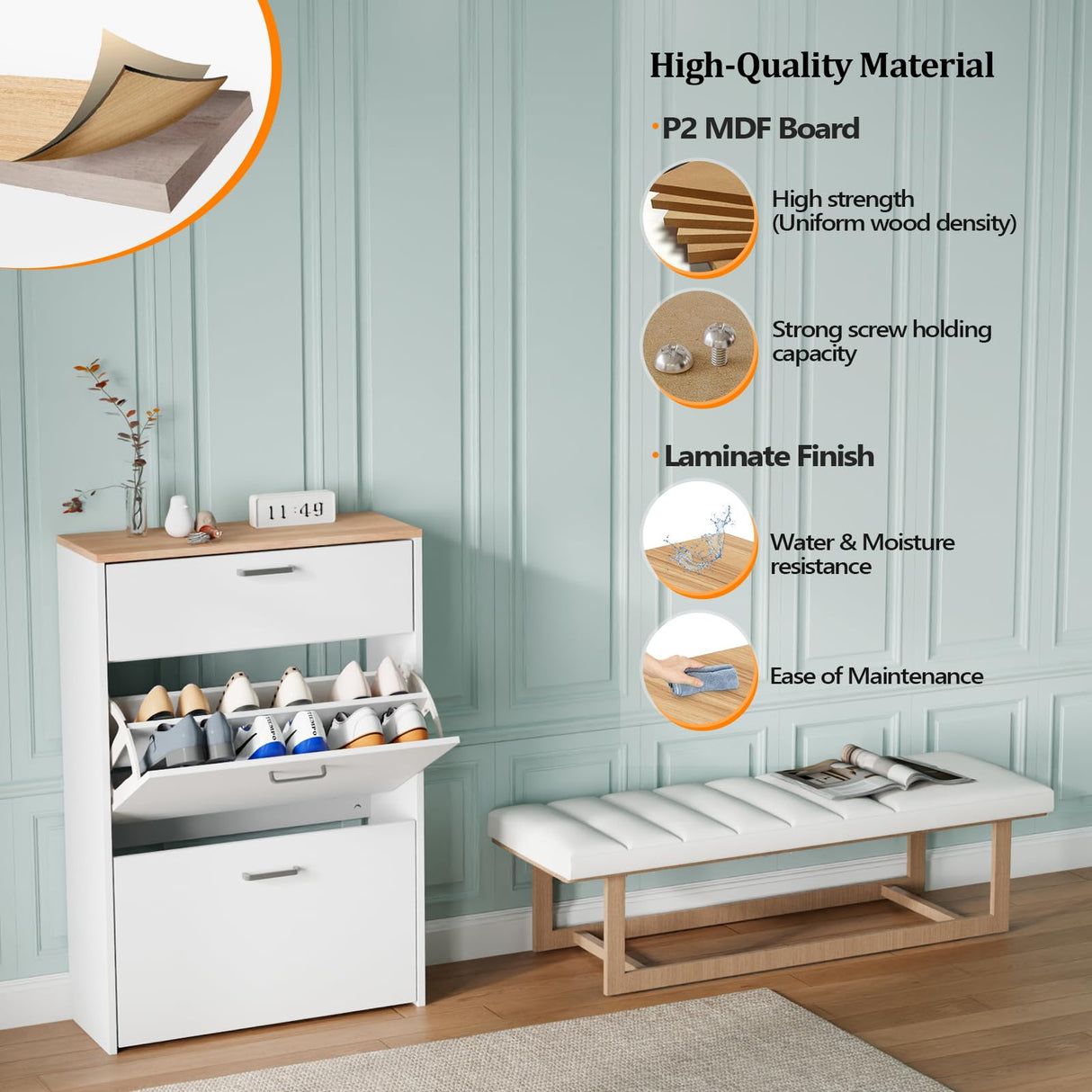 VINGLI Shoe Cabinet Storage for Entryway Slim, Narrow Shoe Cabinet for Front Door Entrance,Entryway Modern White Wood Shoes Rack Organizer for Closet,Freestanding Rack with 2 Flip &1Drop-Down Drawers VINGLI