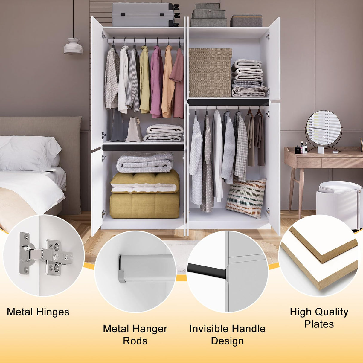 Wakefit 4 Doors Armoire Closet, Wooden Bedroom Armoires with Hanging Rod, Wardrobe Closet with Doors, Freestanding Wardrobe Cabinet for Bedroom, Guest Room, White(20.4" D x 63" W x 74.8" H) Wakefit